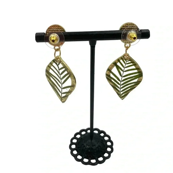 Tropical Gold-Tone Leaf Dangle Earrings Handcrafted Resin Jewelry Statement - Picture 3 of 4
